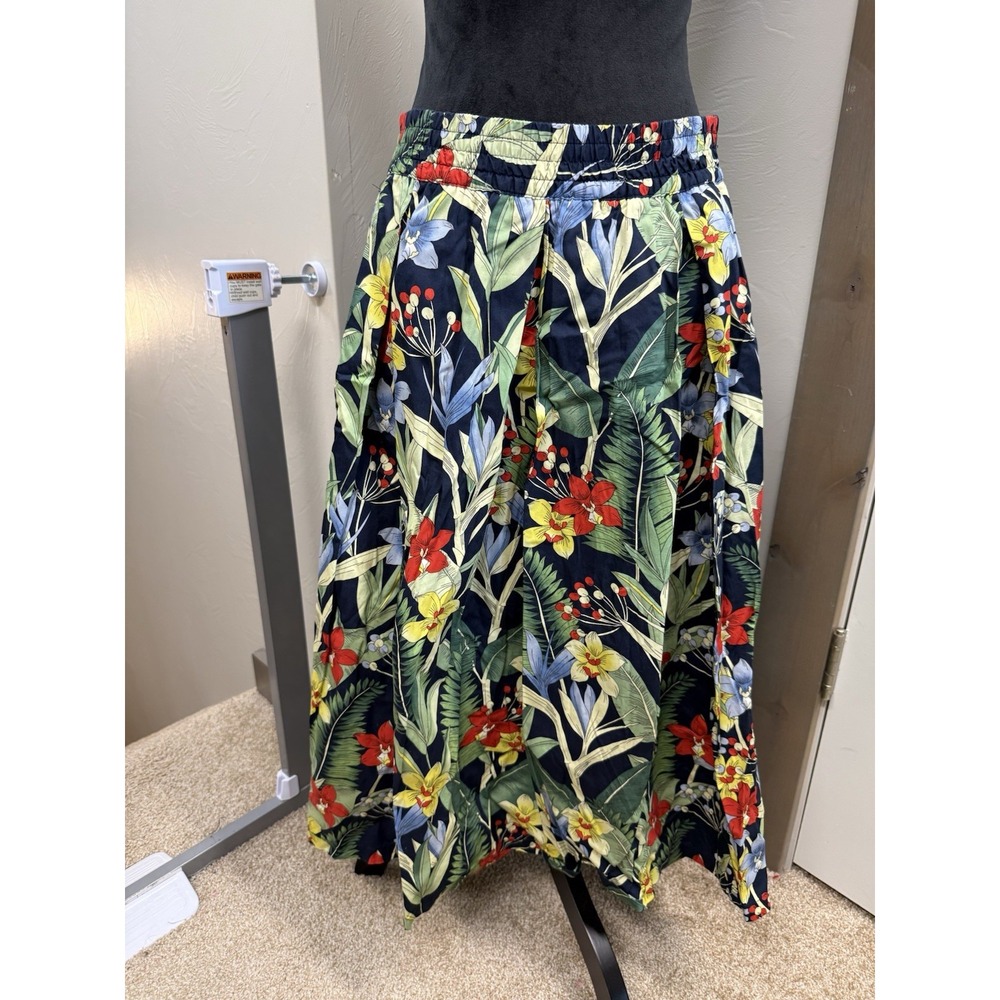 Philosophy M Multi Tropical Print Hawaiian Floral Pleated Pull On Midi Skirt